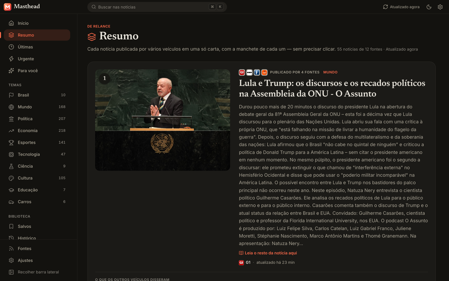 The Digest page with Brazilian sources and a Portuguese interface