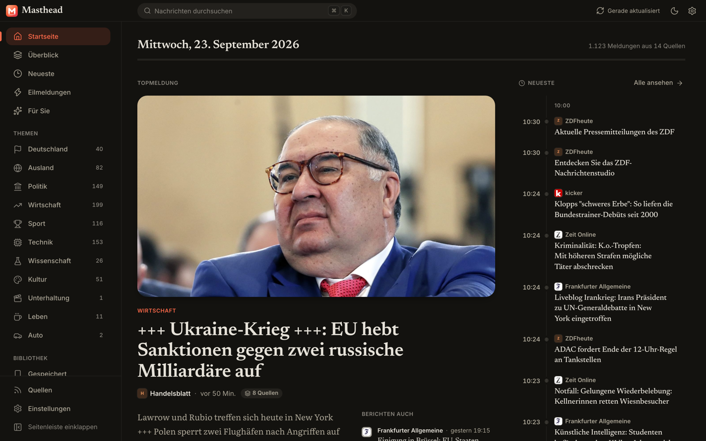 Masthead's front page with German sources and a German interface