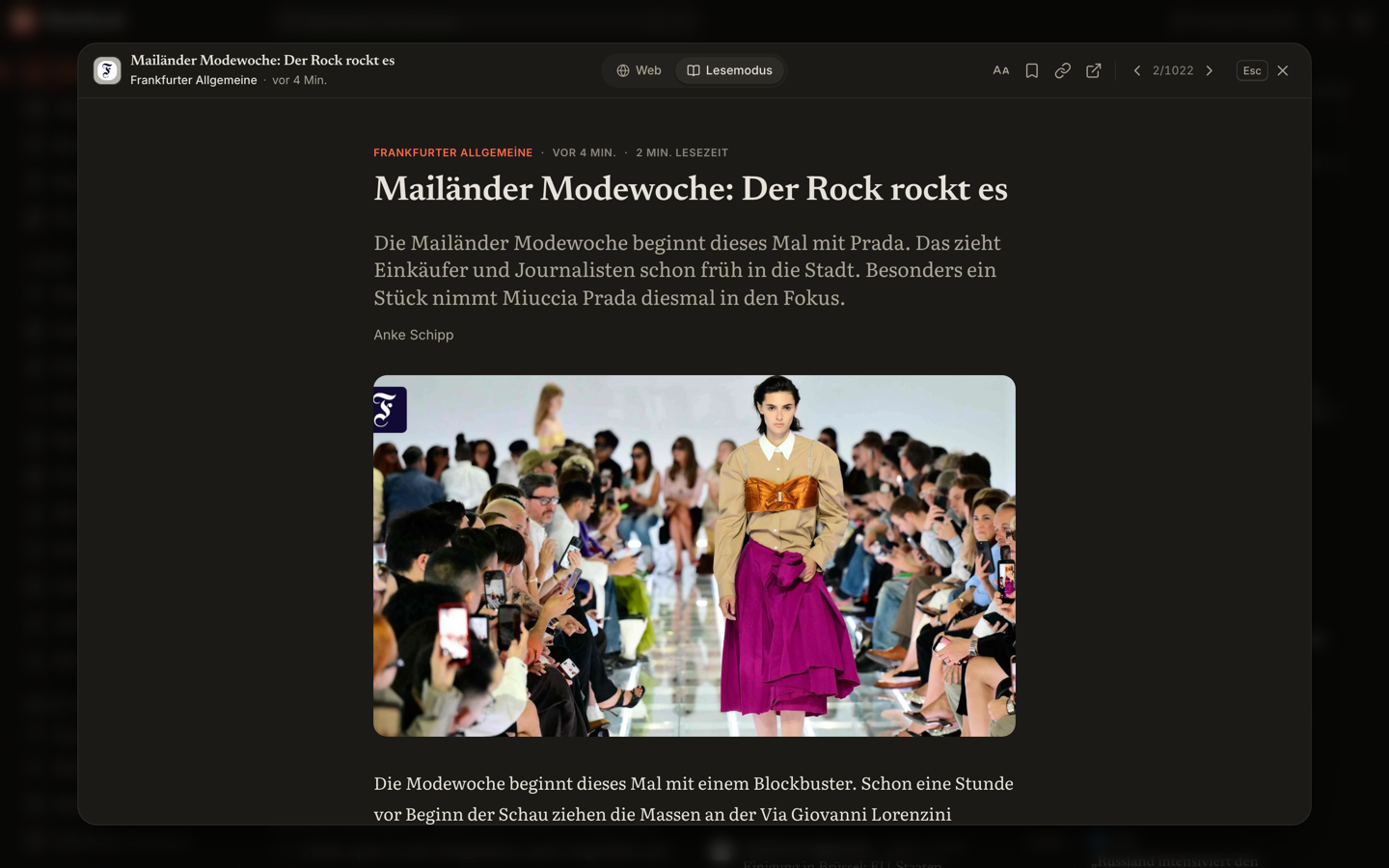 Reader mode showing a Frankfurter Allgemeine article as plain text with a photograph, in a German interface