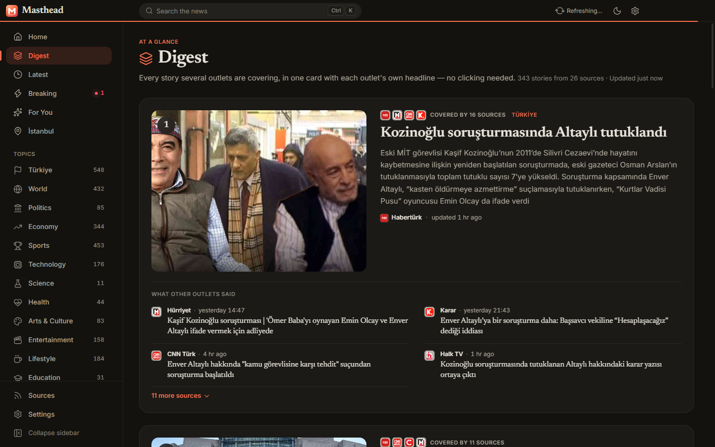 The Digest page: one card per story with the headline of every outlet that covered it