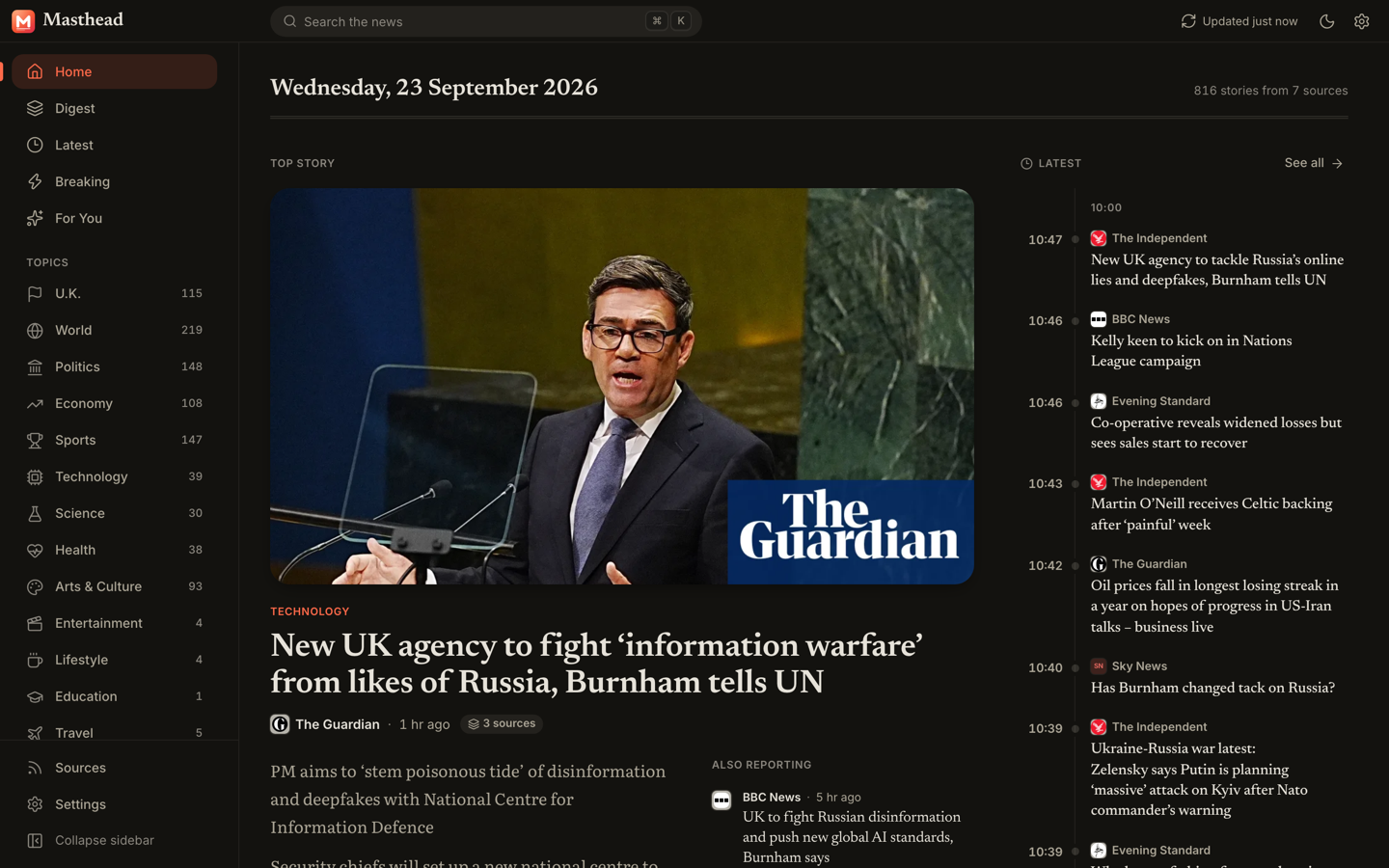 Masthead's front page with United Kingdom sources