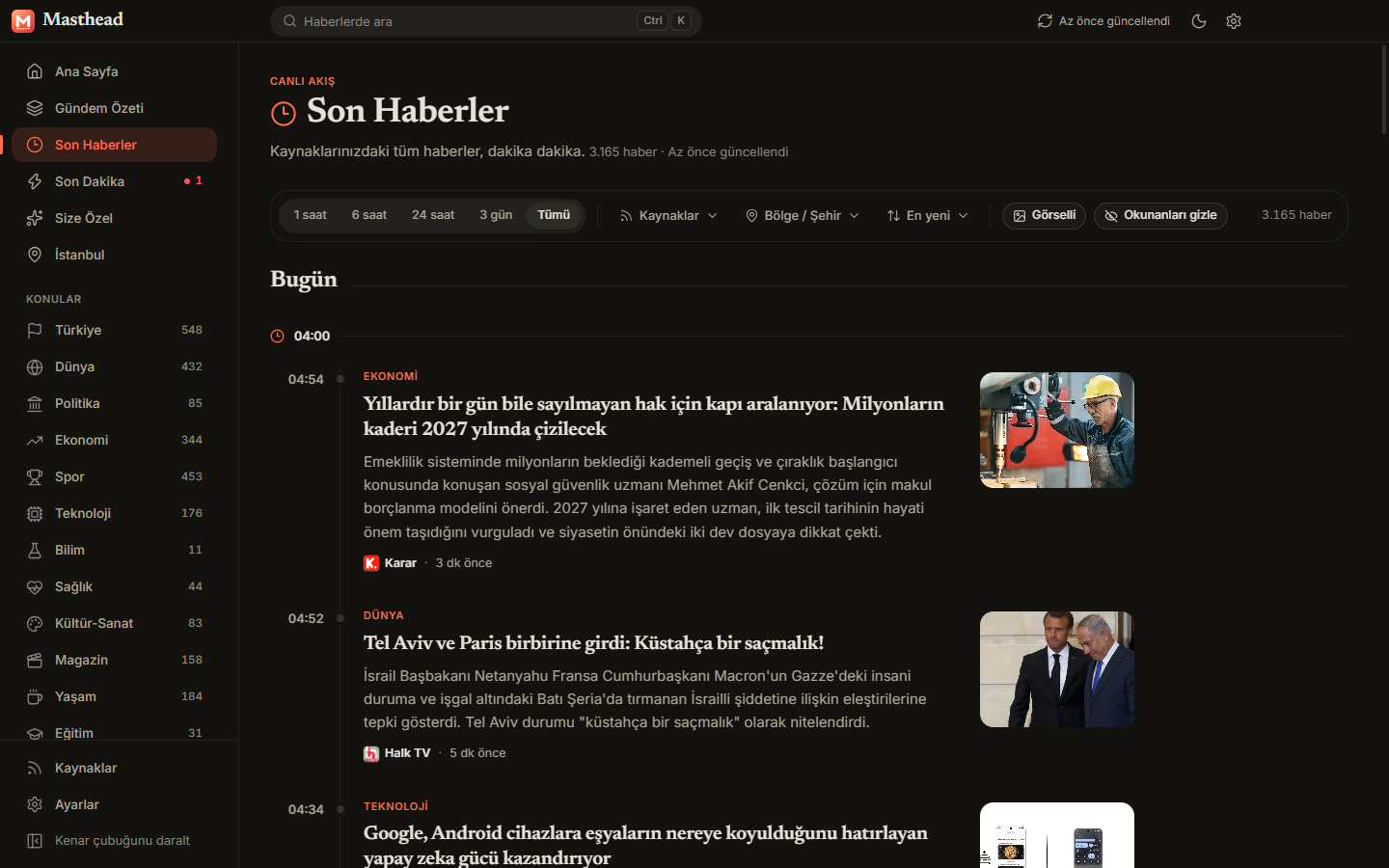 The Latest timeline with Turkish sources in a Turkish interface