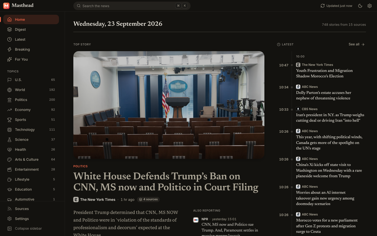 Masthead's front page with United States sources in English